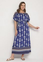 Niebieska Pudełkowa Sukienka z Wiskozy w Etniczny Wzór Mirosela. Niebieskie sukienki damskie Born2be, bez wzorów, z materiału, eleganckie, bez ramiączek. W wyprzedaży za 55.24 zł.