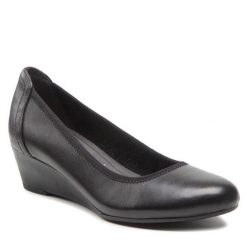 Półbuty Tamaris. Czarne czółenka damskie Tamaris, bez wzorów, bez obcasa, na koturnie. Za 249.99 zł.