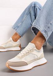 Beżowe Sneakersy ze Skarpetkową Cholewką i Ozdobnym Sznurowaniem na Grubej Podeszwie Pirtia. Brązowe obuwie sportowe damskie Renee, bez zapięcia. Za 89.99 zł.