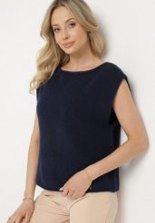 Granatowa Kamizelka w Klasycznym Stylu z Wełną Felzeki. Niebieskie kamizelki damskie Born2be, bez wzorów, z jeansu, bez kaptura. Za 99.99 zł.