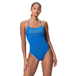 Strój kąpielowy damski Speedo End+ Logo Thin Strap. Niebieskie stroje jednoczęściowe Speedo, bez wzorów, z tkaniny. Za 195.49 zł.