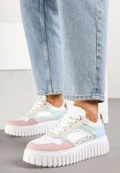 Biało-Różowe Sneakersy na Platformie z Tłoczeniem Ozdobione Panterką i Perforacją Udivaya. Białe obuwie sportowe damskie Renee, na lato, z jeansu, bez zapięcia. Za 79.99 zł.