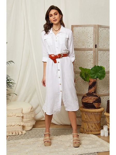 Lin Passion Lniana sukienka w kolorze białym rozmiar: 34/36. Białe sukienki damskie Lin Passion, bez wzorów, ze lnu, klasyczne, bez ramiączek. Za 110.04 zł.