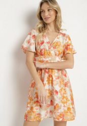Pomarańczowa Sukienka z Kopertowym Dekoltem z Wiskozą w Kwiaty Sovedia. Brązowe sukienki damskie Born2be, bez wzorów, z wiskozy, eleganckie, bez ramiączek. Za 69.99 zł.