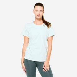 Koszulka damska Domyos Gym & Pilates. Niebieskie koszulki damskie DOMYOS, l, bez wzorów, z bawełny, bez kołnierzyka, bez ramiączek. W wyprzedaży za 24.99 zł.