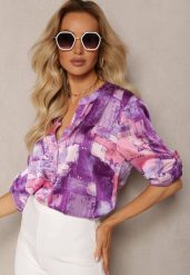 Fioletowa Bluzka z Podwijanymi Rękawami Ozdobiona Abstrakcyjnym Wzorem Willowina. Fioletowe bluzki damskie Renee, xl, bez wzorów, z jeansu, eleganckie, bez kołnierzyka, bez ramiączek. Za 79.99 zł.