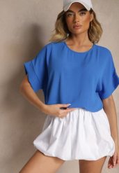 Niebieska Bluzka w Stylu Nietoperza Fadeasia. Niebieskie bluzki damskie Renee, l, bez wzorów, bez kołnierzyka, bez ramiączek. Za 39.99 zł.
