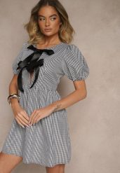Czarna Retro Sukienka w Kratkę Vichy o Rozkloszowanym Kroju z Wiązaniem Temarea. Czarne sukienki damskie Renee, bez wzorów, z jeansu, eleganckie, bez ramiączek. W wyprzedaży za 67.99 zł.