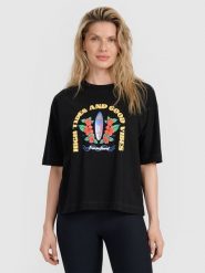 4F T-shirt oversize z nadrukiem damski - czarny S. Czarne koszulki sportowe damskie 4F, s, bez wzorów, z bawełny, bez ramiączek. W wyprzedaży za 39.99 zł.
