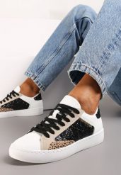 Biało-Czarne Sneakersy na Płaskiej Podeszwie z Ozdobnymi Wstawkami i Brokatem Jivina. Białe obuwie sportowe damskie Renee, bez zapięcia, tenisowe. Za 74.99 zł.