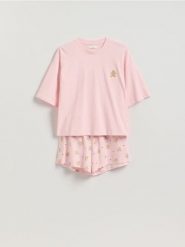 Świąteczna piżama dwuczęściowa - pastelowy róż. Czerwone piżamy damskie Reserved, bez wzorów, z bawełny, bez ramiączek. Za 59.99 zł.