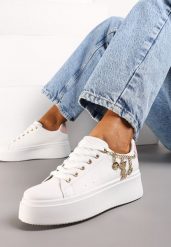 Biało-Różowe Sznurowane Sneakersy z Ekoskóry na Platformie z Łańcuszkiem i Zawieszkami Salvania. Białe obuwie sportowe damskie Renee, z jeansu, bez zapięcia. Za 79.99 zł.