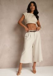 Jasnobeżowe Eleganckie Spodnie Typu Culottes Silunea. Brązowe spodnie materiałowe damskie Renee, bez wzorów, z jeansu. Za 89.99 zł.