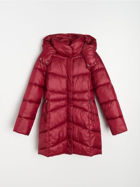 Długa pikowana kurtka z odpinanym kapturem - fioletowy. Fioletowe kurtki damskie Sinsay, l, bez wzorów. Za 89.99 zł.