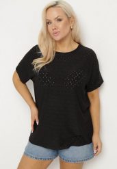 Czarny T-shirt z Bawełną i Ażurowym Wzorem Puzira. Czarne t-shirty damskie Born2be, s, w ażurowe wzory, z bawełny, bez kołnierzyka. Za 34.99 zł.