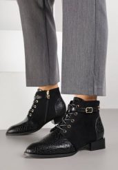 Czarne Botki Vices Zdobione Imitacją Skóry Węża i Klamerką Gelisa. Czarne botki damskie Born2be, z jeansu, eleganckie, bez obcasa, na płaskiej podeszwie, bez zapięcia. Za 119.99 zł.