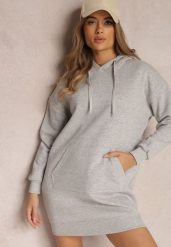Jasnoszara Bluza Długa z Kapturem Firro. Szare bluzy damskie Renee, l, bez wzorów, z bawełny, z kapturem. Za 89.99 zł.