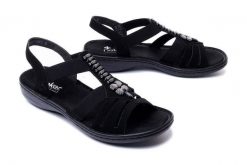 RIEKER 60806-00 black, sandały damskie. Czarne sandały damskie Rieker, bez wzorów, bez obcasa, na koturnie, bez zapięcia. Za 215.92 zł.
