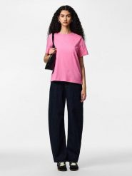 Pieces Koszulka "Pcria" w kolorze różowym rozmiar: L. Różowe bluzki damskie Pieces, l, bez wzorów, z bawełny, bez kołnierzyka, bez ramiączek. Za 61.89 zł.