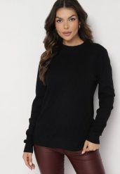 Czarny Sweter o Klasycznym Fasonie z Wyszywanym Wzorem Merinate. Czarne swetry klasyczne damskie Born2be, uniwersalny, z jeansu, bez kołnierzyka. Za 64.99 zł.
