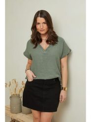 Curvy Lady Lniana koszulka w kolorze khaki rozmiar: 40/42. Brązowe bluzki damskie Curvy Lady, bez wzorów, ze lnu, klasyczne, bez kołnierzyka, bez ramiączek. Za 118.56 zł.