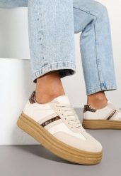 Beżowe Sneakersy Kultowe Tenisówki na Grubej Podeszwie Ozdobione Wzorem w Panterkę Gonelis. Brązowe obuwie sportowe damskie Renee, bez wzorów, z jeansu, bez zapięcia. Za 79.99 zł.