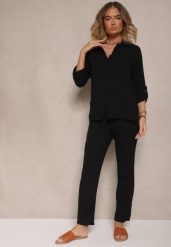 Czarny Muślinowy Komplet z Bawełny Spodnie i Koszula z Regulowanymi Rękawami Janalise. Czarne koszule damskie Renee, bez wzorów, z bawełny, eleganckie, bez kołnierzyka, bez ramiączek. Za 129.99 zł.