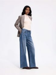 Jeansy wide leg z wysokim stanem - granatowy. Niebieskie jeansy damskie Reserved, z podwyższonym stanem. Za 139.99 zł.