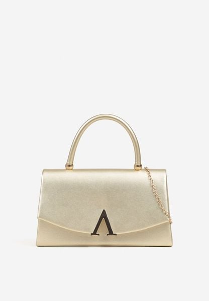 Złota Torebka Kopertówka do Ręki i na Łańcuszku Zdobiona Aplikacją Nonalie. Żółte torebki klasyczne damskie Renee, z satyny, do ręki, zdobione, bez dodatków. Za 79.99 zł.