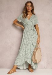 Zielona Rozkloszowana Sukienka z Wiązanym Paskiem i Ozdobną Falbanką Holm. Zielone sukienki damskie Renee, bez wzorów, eleganckie, bez ramiączek. W wyprzedaży za 75.99 zł.