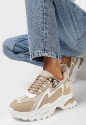 Ciemnobeżowe Sneakersy na Grubej Podeszwie ze Wstawkami z Animal Print Virala. Brązowe obuwie sportowe damskie Born2be, bez zapięcia. Za 99.99 zł.