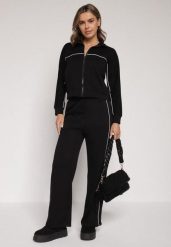 Czarny Retro Komplet Dresowy z Wiskozą Szerokie Spodnie i Bluza ze Stójką Sewelda. Czarne bluzy damskie Born2be, l, bez wzorów, z dresówki, bez kaptura. Za 169.99 zł.