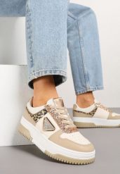 Ciemnobeżowe Sneakersy Ozdobione Brokatem Cyrkoniami i Perforacją Tillitara. Brązowe obuwie sportowe casual damskie Born2be, z jeansu. Za 99.99 zł.