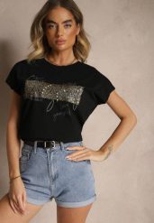 Czarny Bawełniany T-shirt z Cyrkoniami Perłami i Rękawami Nietoperz Inellira. Czarne t-shirty damskie Renee, l, z aplikacjami, z bawełny, bez kołnierzyka. Za 39.99 zł.