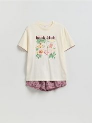 Dwuczęściowa piżama z nadrukiem - złamana biel. Piżamy damskie Reserved, bez wzorów, z bawełny, bez ramiączek. Za 109.99 zł.