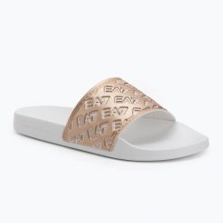 Klapki EA7 Emporio Armani Water Sports All Over. Białe klapki damskie EA7 Emporio Armani, bez wzorów, z materiału, bez obcasa, bez zapięcia. Za 263.65 zł.