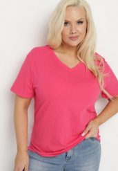Różowy Bawełniany T-shirt z Trójkątnym Dekoltem Nusalia. Czerwone t-shirty damskie Born2be, uniwersalny, bez wzorów, z bawełny, bez kołnierzyka. Za 29.99 zł.