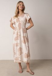 Beżowa Wiskozowa Sukienka o Rozkloszowanym Kroju z Kopertowym Dekoltem Morgassa. Brązowe sukienki damskie Born2be, bez wzorów, z jeansu, eleganckie, bez ramiączek. Za 79.99 zł.