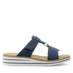 Klapki Rieker. Niebieskie klapki damskie Rieker, bez wzorów, bez obcasa, bez zapięcia. Za 299.99 zł.