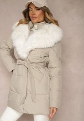 Beżowa Kurtka Ozdobiona Pikowaniem Odpinanym Kołnierzem z Futerkiem i Paskiem Edanora. Brązowe kurtki damskie Renee, l, bez wzorów, z jeansu, bez kaptura. Za 329.99 zł.