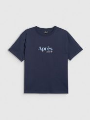 4F T-shirt boxy z nadrukiem damski - granatowy XS. Niebieskie t-shirty damskie 4F, xs, bez wzorów, z bawełny, bez kołnierzyka. Za 69.99 zł.