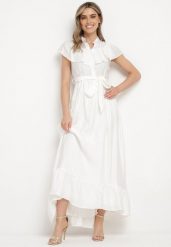 Biała Rozkloszowana Sukienka z Wiskozą Ozdobiona Falbankami Zapinana na Guziki z Dodatkowym Materiałowym Paskiem Ganesia. Białe sukienki damskie Born2be, bez wzorów, z materiału, eleganckie, bez ramiączek. Za 169.99 zł.