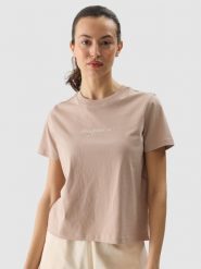 4F T-shirt regular z nadrukiem damski - beżowy XS. Brązowe t-shirty damskie 4F, xs, bez wzorów, z bawełny, bez kołnierzyka. W wyprzedaży za 29.99 zł.