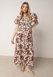 Brązowa Rozkloszowana Sukienka z Wiskozy z Bufiastymi Rękawami w Roślinny Wzór Semea. Brązowe sukienki damskie Born2be, bez wzorów, z materiału, biznesowe, bez ramiączek. Za 89.99 zł.