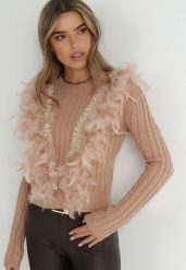 Beżowy Sweter z Piórami Beliita. Brązowe swetry klasyczne damskie Born2be, z jeansu, bez kołnierzyka. Za 179.99 zł.