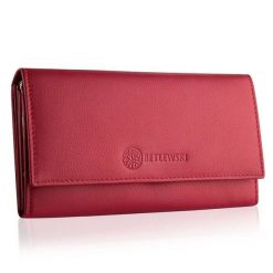 Portfel damski BETLEWSKI BPD-SS-13 CZERWONY. Czerwone portfele damskie Betlewski, bez wzorów, ze skóry. Za 139.99 zł.