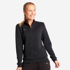 Bluza treningowa do piłki nożnej damska Kipsta Essential. Czarne bluzy damskie KIPSTA, l, bez wzorów, z elastanu, bez kaptura. Za 89.99 zł.