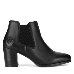 Botki Rieker. Czarne botki damskie Rieker, bez obcasa, na słupku, bez zapięcia. Za 299.99 zł.
