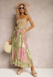 Zielono-Różowa Rozkloszowana Spódnica z Wiskozy z Nieodpinanymi Ozdobnymi Guzikami Zafina. Zielone spódnice damskie Renee, na co dzień, l, bez wzorów, z wiskozy, eleganckie, midi. Za 49.99 zł.