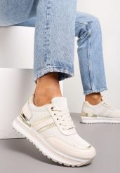Beżowe Sneakersy na Podeszwie w Paski z Metalicznymi Wstawkami i Siateczką Silenalo. Brązowe obuwie sportowe damskie Renee, bez zapięcia. Za 89.99 zł.